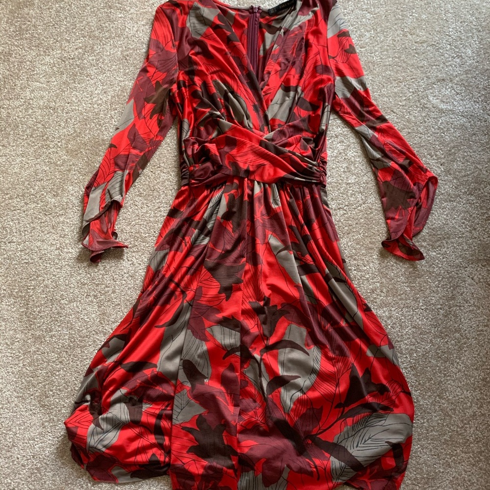 Zara red brown floral wrap dress